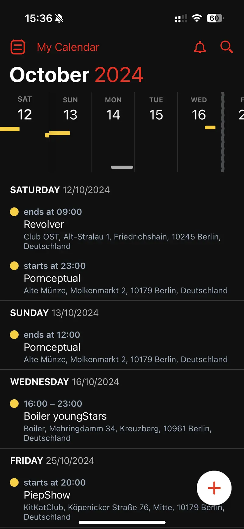 An iPhone showing the calendar, we can see the next parties: PiepShow, Pornceptual and Revolver are visible